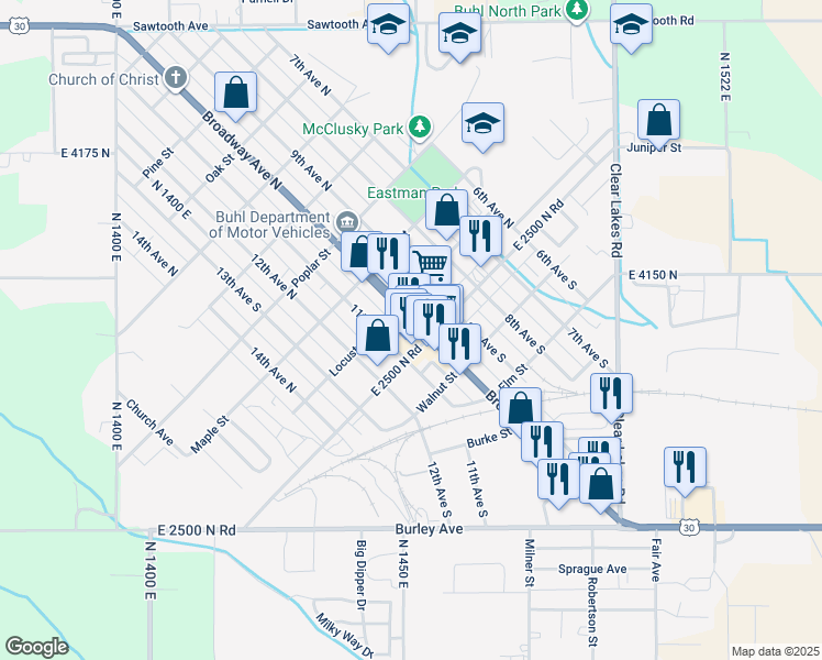 map of restaurants, bars, coffee shops, grocery stores, and more near 113 Broadway Avenue North in Buhl