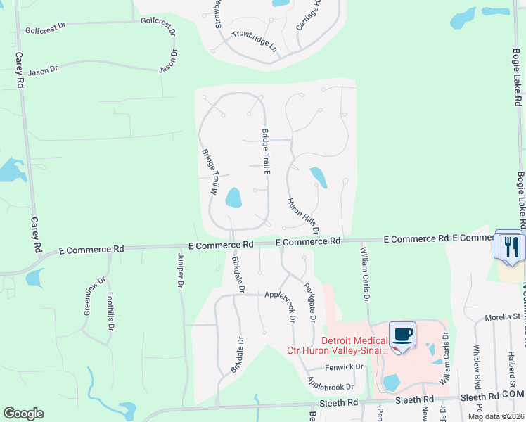 map of restaurants, bars, coffee shops, grocery stores, and more near 5264 Bridge Trail East in Commerce Charter Township