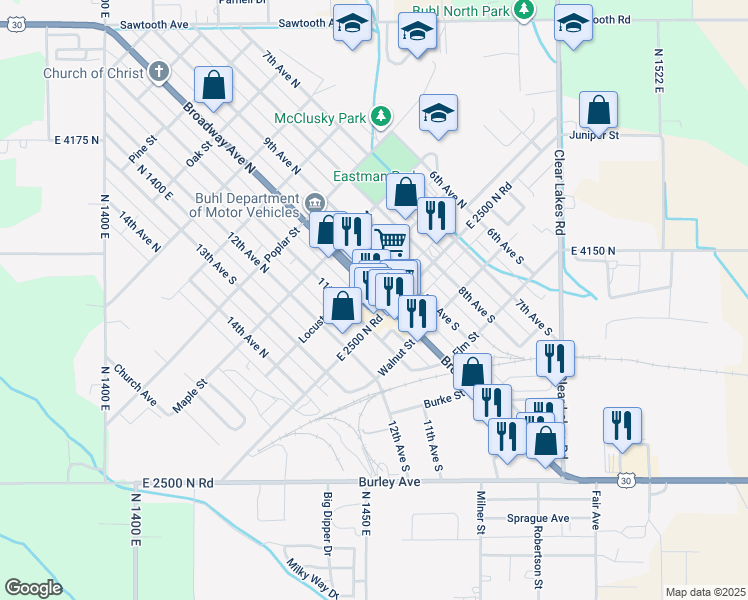 map of restaurants, bars, coffee shops, grocery stores, and more near 113 Broadway Avenue North in Buhl
