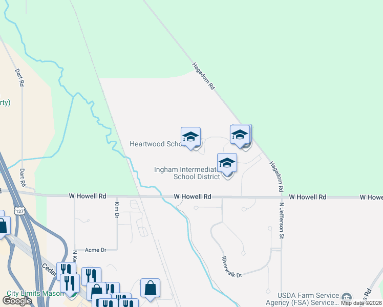 map of restaurants, bars, coffee shops, grocery stores, and more near 2772 West Howell Road in Mason