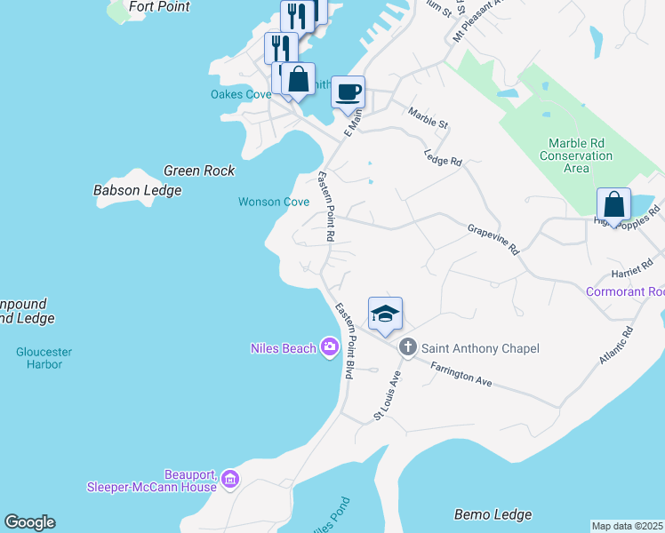 map of restaurants, bars, coffee shops, grocery stores, and more near 6 Eastern Point Boulevard in Gloucester