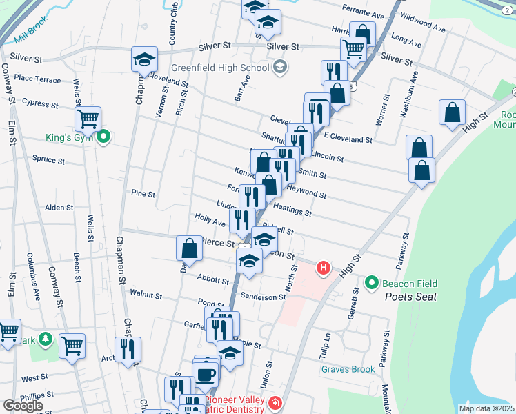 map of restaurants, bars, coffee shops, grocery stores, and more near 259 Federal Street in Greenfield