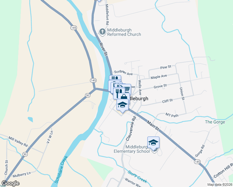 map of restaurants, bars, coffee shops, grocery stores, and more near 325 Main Street in Middleburgh