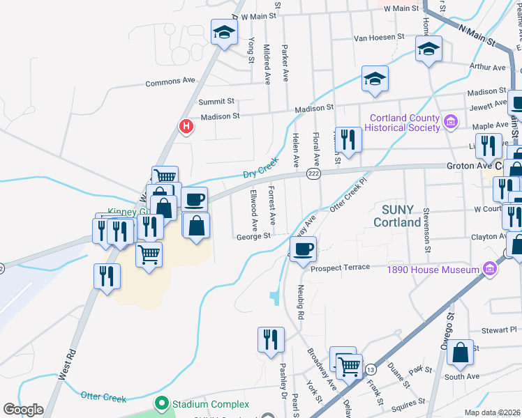 map of restaurants, bars, coffee shops, grocery stores, and more near 18 Forrest Avenue in Cortland
