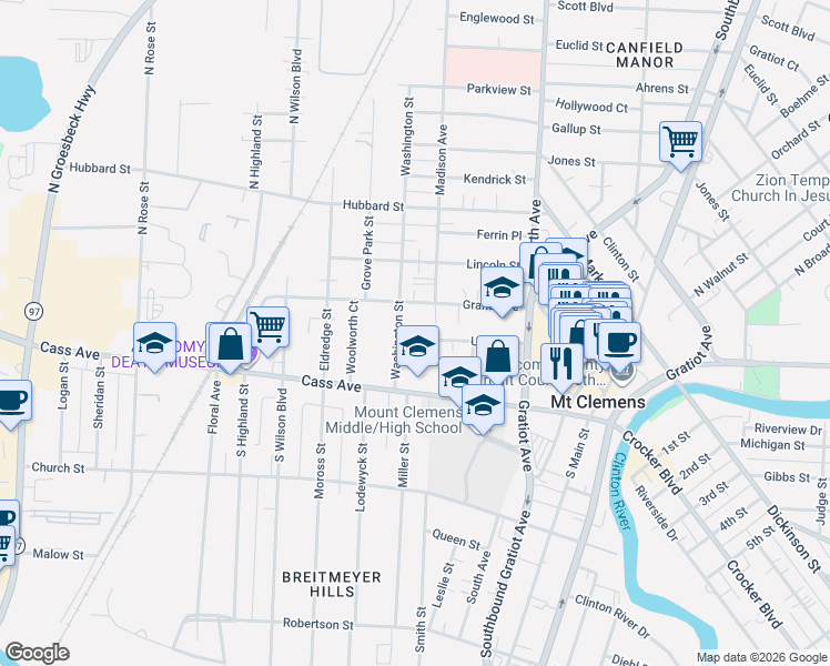 map of restaurants, bars, coffee shops, grocery stores, and more near 18 Washington Street in Mount Clemens
