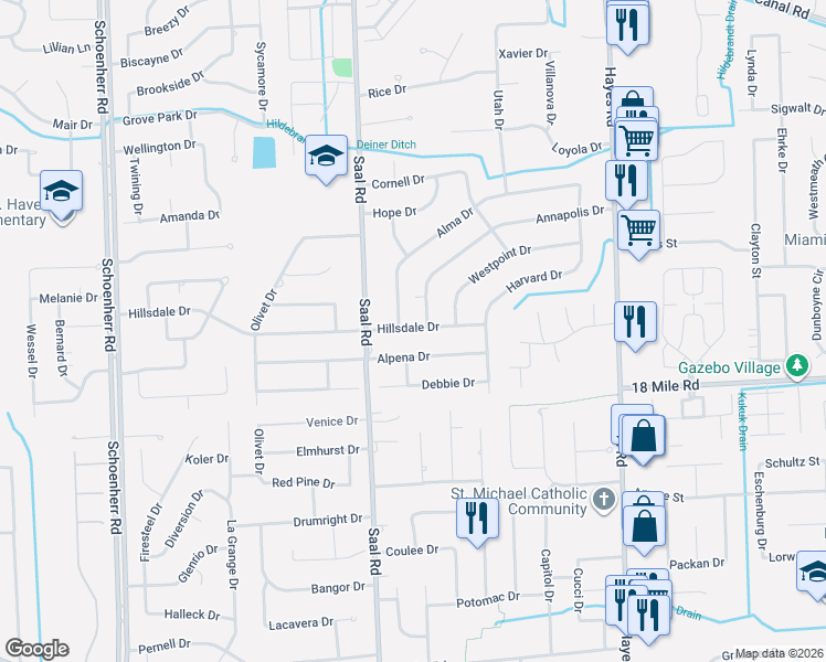 map of restaurants, bars, coffee shops, grocery stores, and more near 14511 Alpena Drive in Sterling Heights