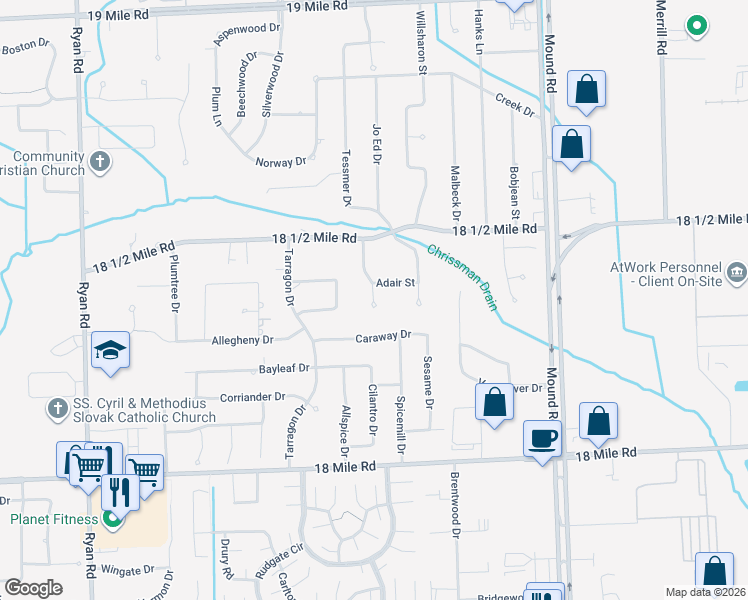 map of restaurants, bars, coffee shops, grocery stores, and more near 41716 Marold Drive in Sterling Heights