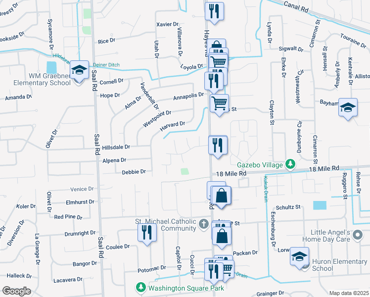 map of restaurants, bars, coffee shops, grocery stores, and more near 14939 Ashgrove Drive in Sterling Heights