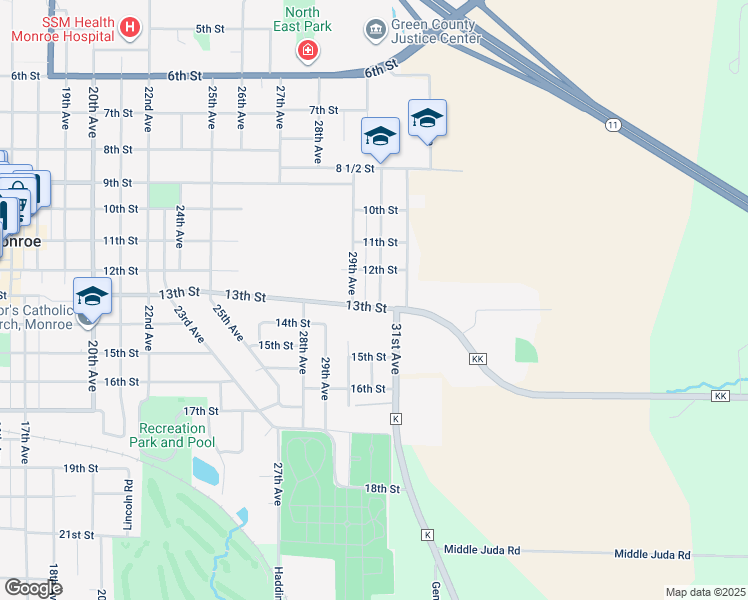 map of restaurants, bars, coffee shops, grocery stores, and more near 1319 31st Avenue in Monroe