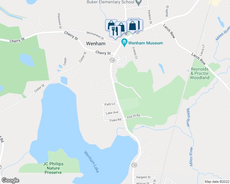 map of restaurants, bars, coffee shops, grocery stores, and more near 92 Main Street in Wenham