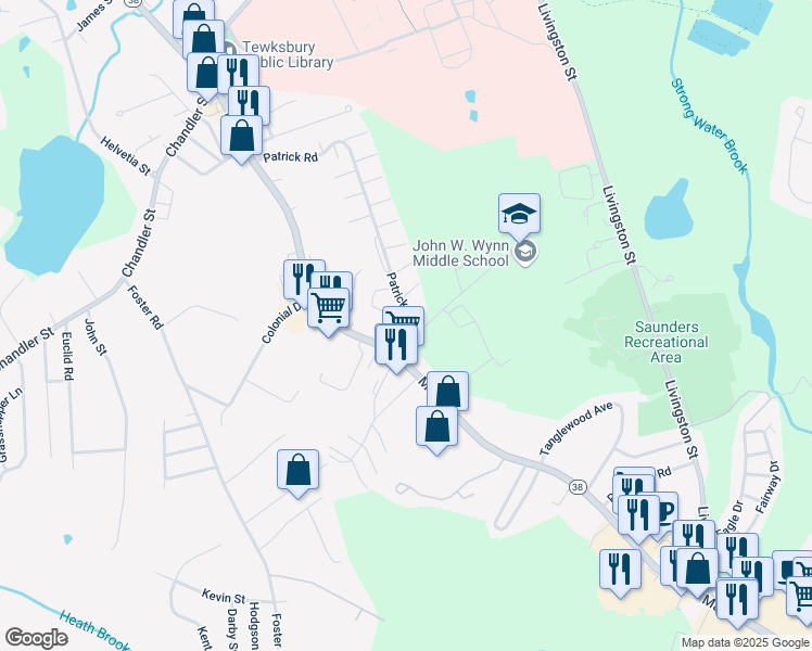 map of restaurants, bars, coffee shops, grocery stores, and more near 201 Patrick Road in Tewksbury
