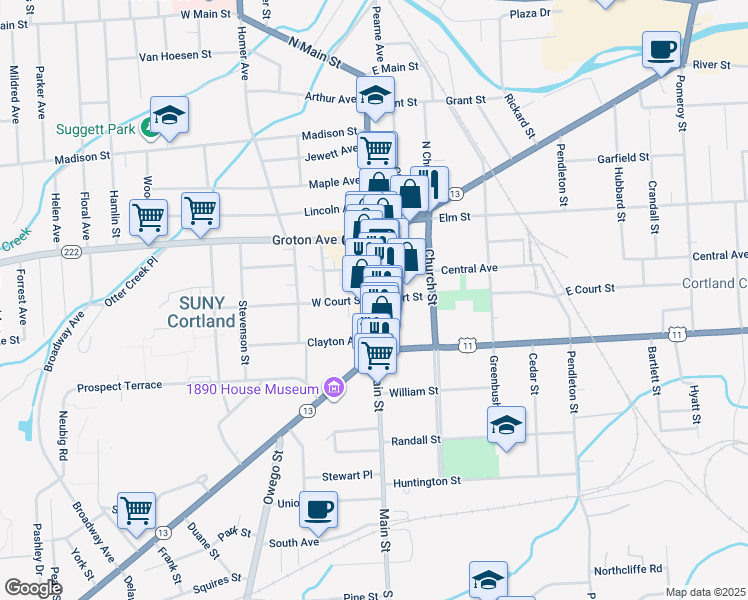 map of restaurants, bars, coffee shops, grocery stores, and more near Main Street & Court Street in Cortland