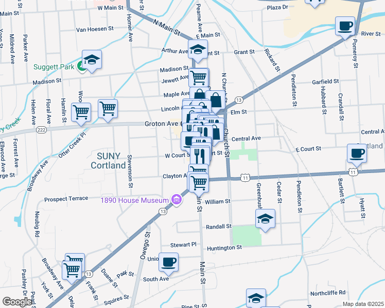 map of restaurants, bars, coffee shops, grocery stores, and more near 38 Main Street in Cortland