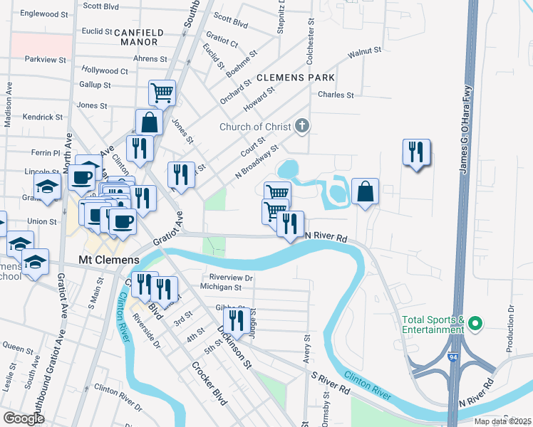 map of restaurants, bars, coffee shops, grocery stores, and more near 34 Park Street in Mount Clemens
