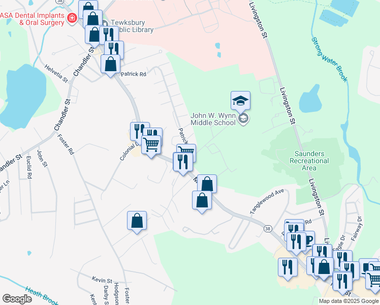 map of restaurants, bars, coffee shops, grocery stores, and more near 18 Victor Drive in Tewksbury