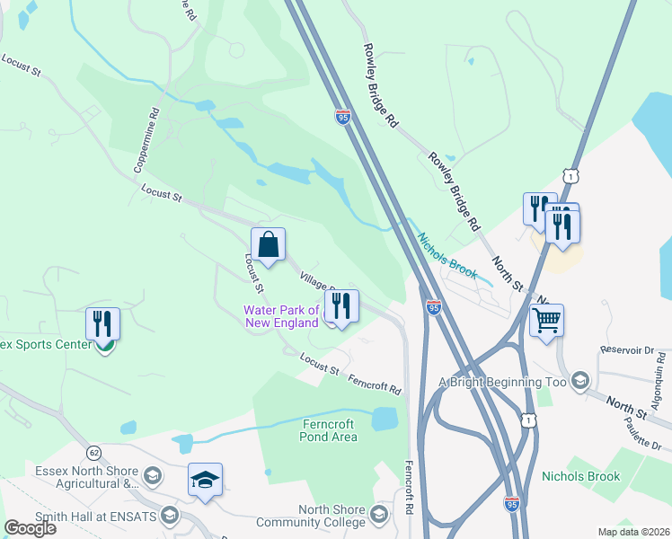 map of restaurants, bars, coffee shops, grocery stores, and more near 401 Ferncroft Road in Danvers