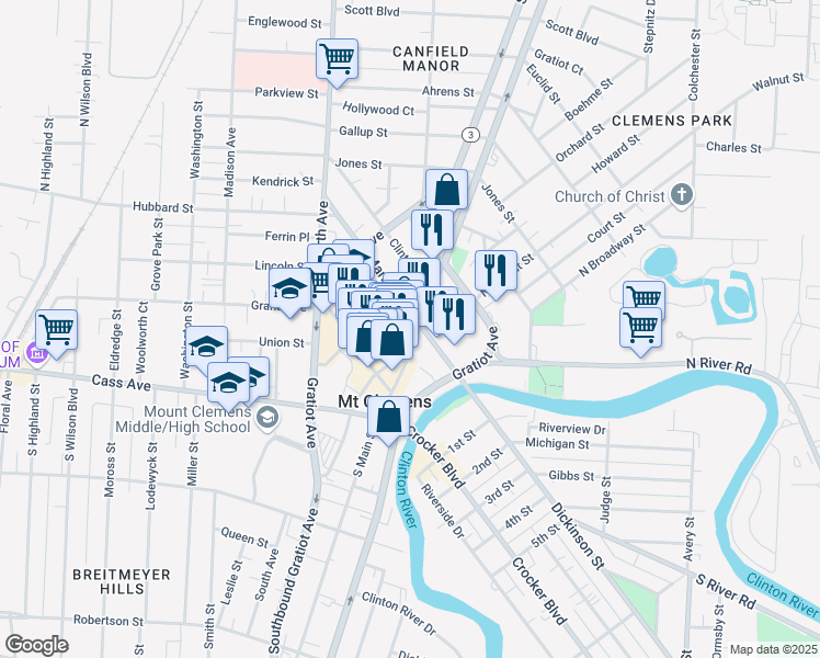 map of restaurants, bars, coffee shops, grocery stores, and more near 66 Market Street in Mount Clemens