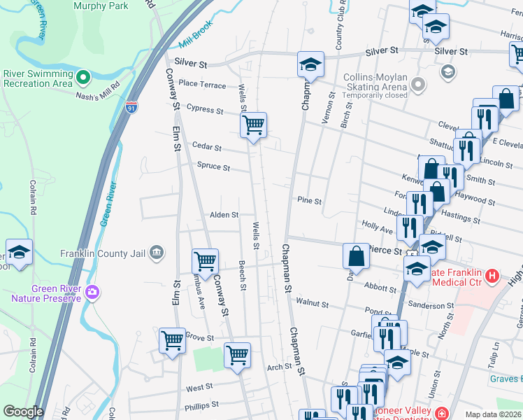 map of restaurants, bars, coffee shops, grocery stores, and more near 275 Wells St in Greenfield