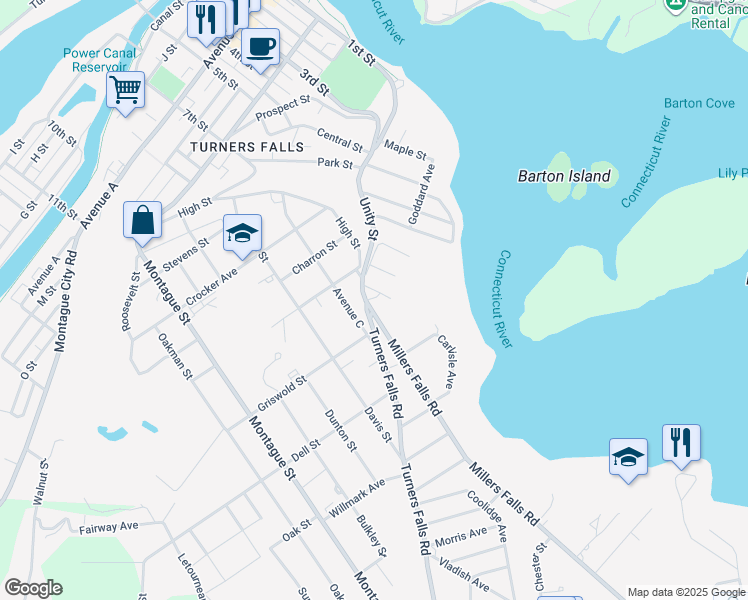 map of restaurants, bars, coffee shops, grocery stores, and more near 6 Wrightson Avenue in Montague