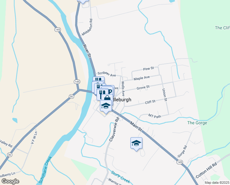 map of restaurants, bars, coffee shops, grocery stores, and more near 121 Danforth Avenue in Middleburgh