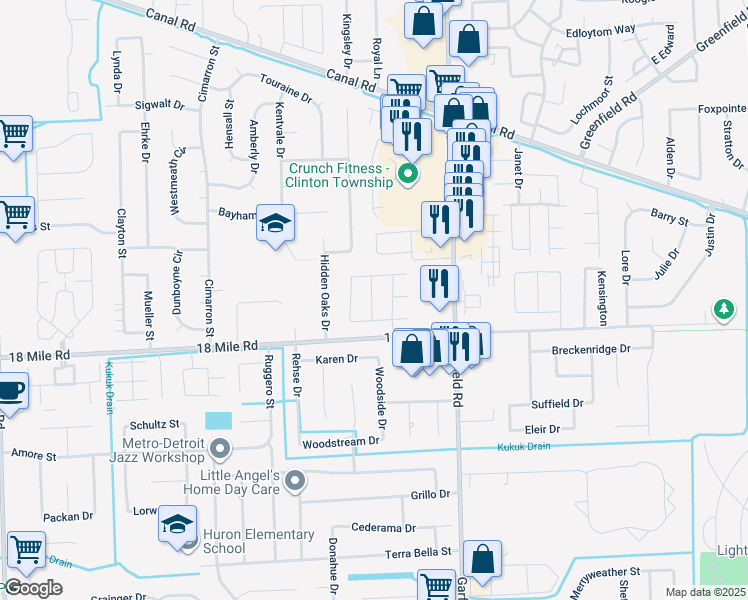 map of restaurants, bars, coffee shops, grocery stores, and more near 16485 Dawn Drive in Clinton Township