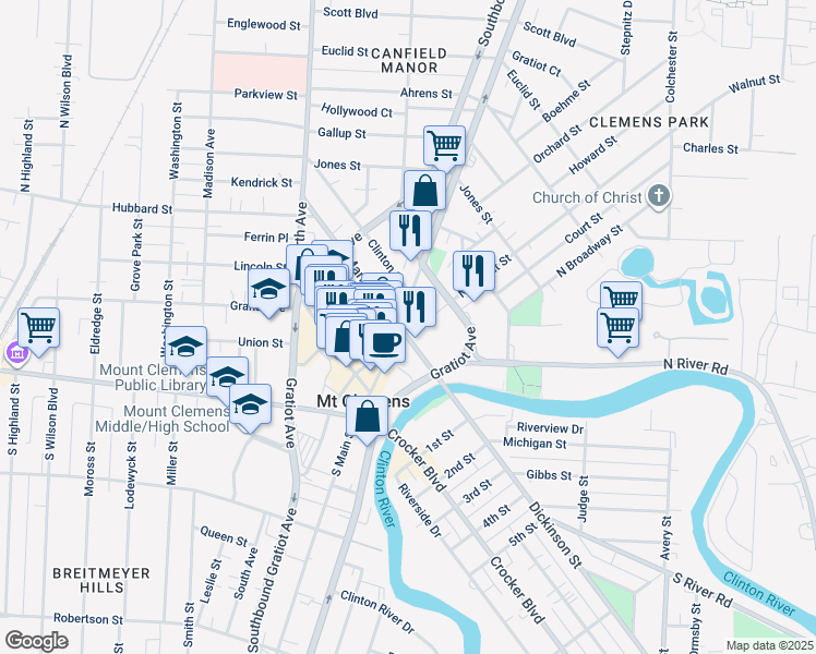 map of restaurants, bars, coffee shops, grocery stores, and more near 100 North Main Street in Mount Clemens