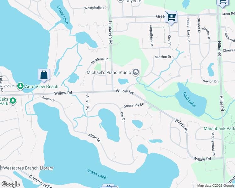 map of restaurants, bars, coffee shops, grocery stores, and more near 6475 Willow Road in West Bloomfield Township