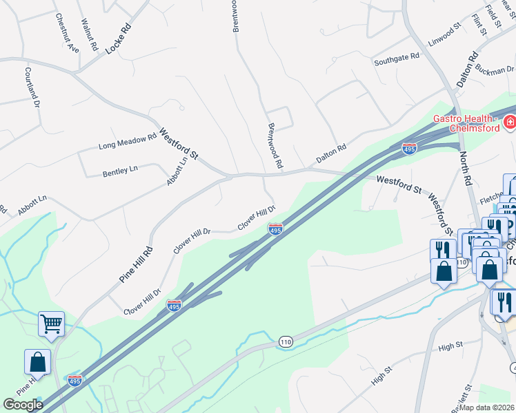 map of restaurants, bars, coffee shops, grocery stores, and more near 7 Clover Hill Drive in Chelmsford