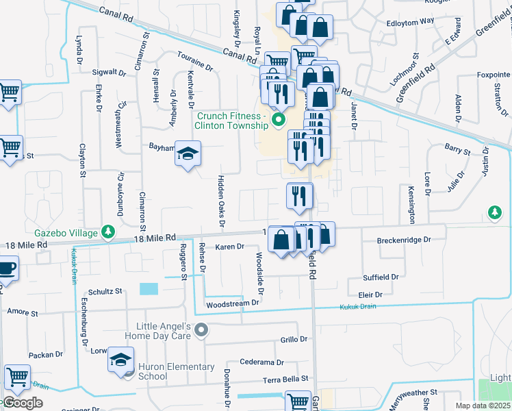 map of restaurants, bars, coffee shops, grocery stores, and more near 16485 Dawn Drive in Clinton Township