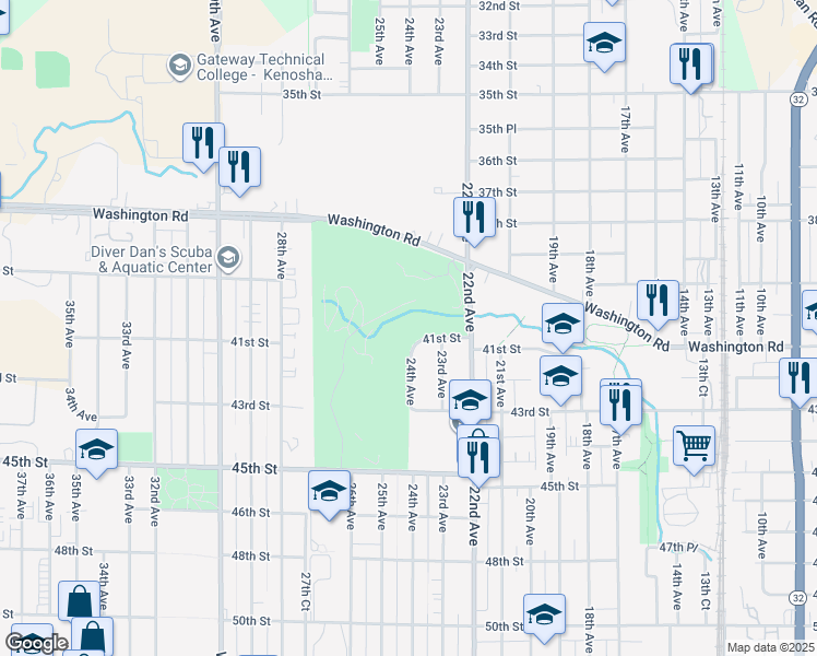 map of restaurants, bars, coffee shops, grocery stores, and more near 2205 Washington Road in Kenosha