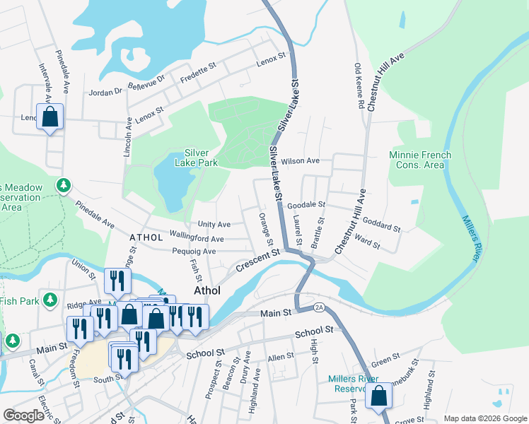 map of restaurants, bars, coffee shops, grocery stores, and more near 137 Orange Street in Athol