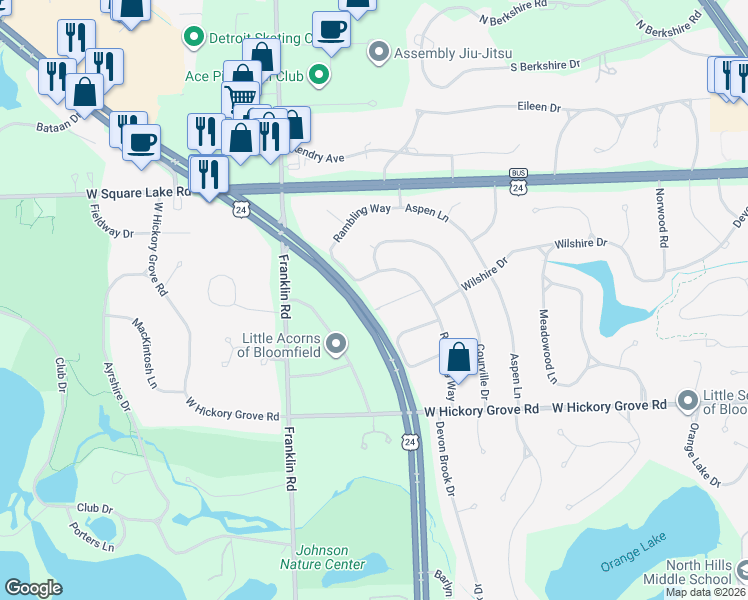 map of restaurants, bars, coffee shops, grocery stores, and more near 2712 Rambling Way in Bloomfield Township