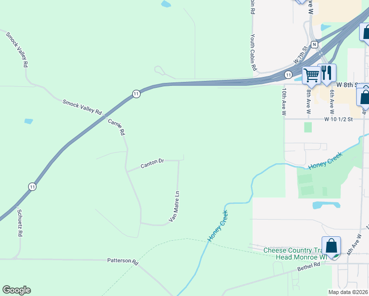 map of restaurants, bars, coffee shops, grocery stores, and more near N2550 Southview Court in Monroe