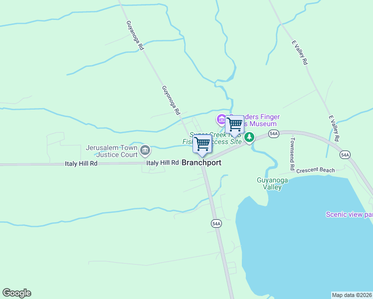 map of restaurants, bars, coffee shops, grocery stores, and more near 3390 Guyanoga Rd in Branchport