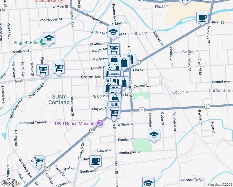 map of restaurants, bars, coffee shops, grocery stores, and more near 38 Main Street in Cortland