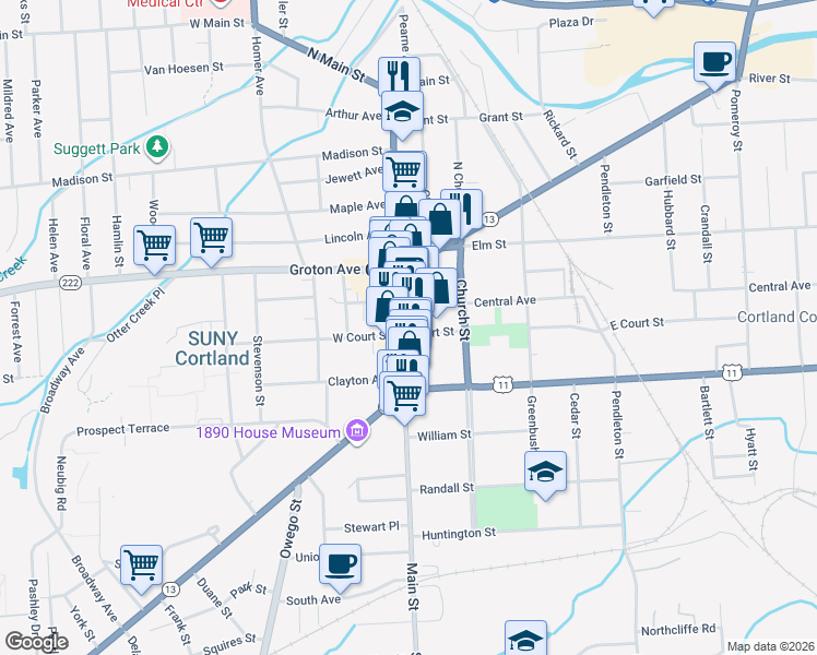 map of restaurants, bars, coffee shops, grocery stores, and more near 38 Main Street in Cortland