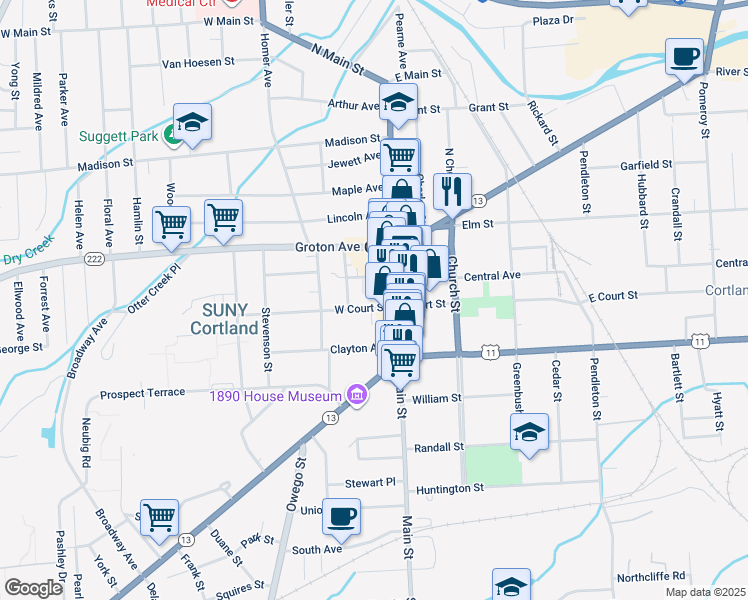 map of restaurants, bars, coffee shops, grocery stores, and more near 25-27 Orchard Street in Cortland