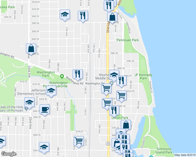 map of restaurants, bars, coffee shops, grocery stores, and more near 4021 11th Avenue in Kenosha