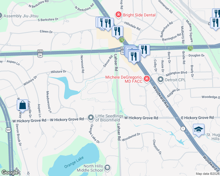 map of restaurants, bars, coffee shops, grocery stores, and more near 184 Timber Trace Lane in Bloomfield Township