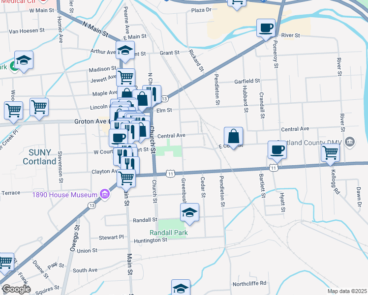 map of restaurants, bars, coffee shops, grocery stores, and more near 14 East Court Street in Cortland