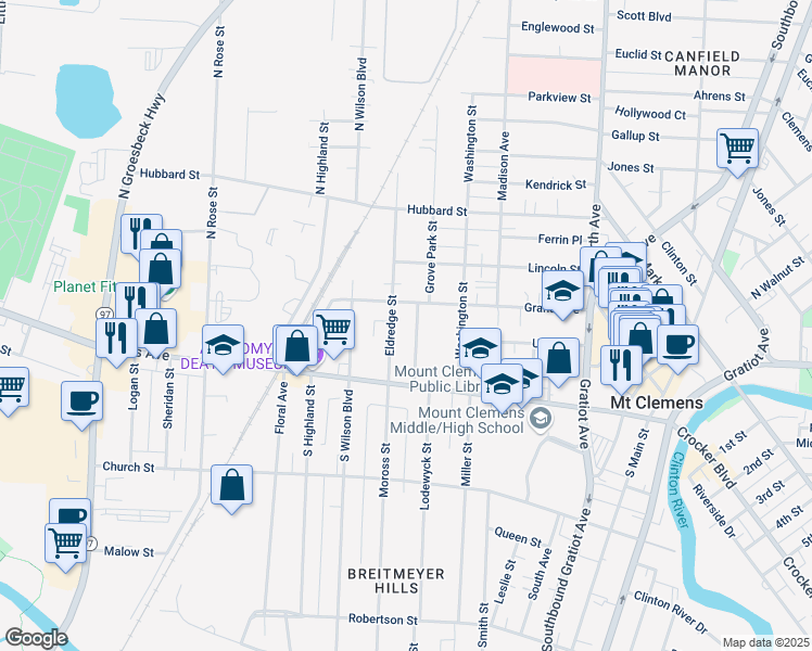map of restaurants, bars, coffee shops, grocery stores, and more near 147 Grand Avenue in Mount Clemens