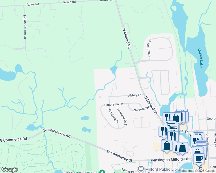 map of restaurants, bars, coffee shops, grocery stores, and more near 1039 Bird Song Lane in Milford Charter Township