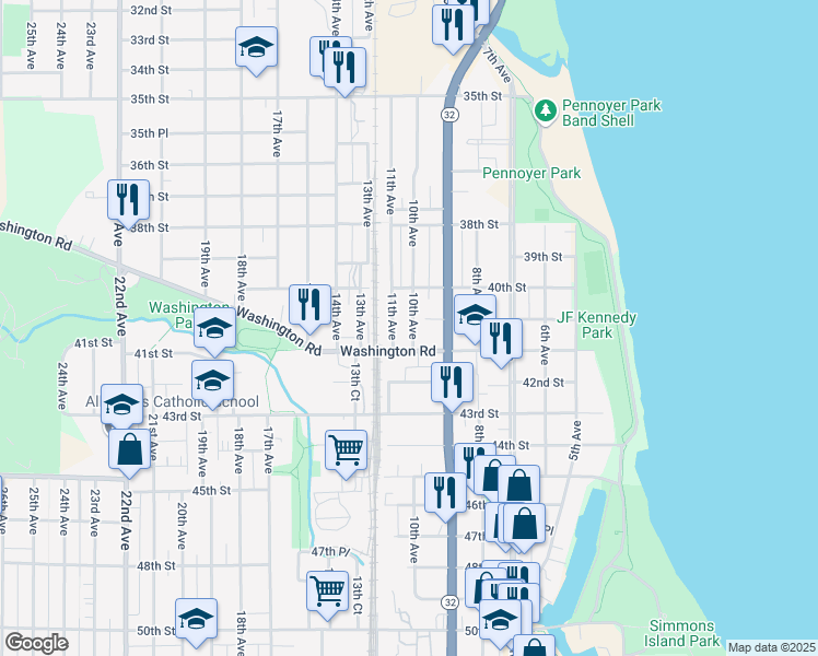 map of restaurants, bars, coffee shops, grocery stores, and more near 4038 10th Avenue in Kenosha