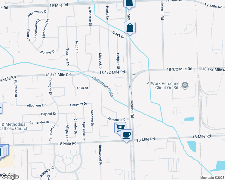 map of restaurants, bars, coffee shops, grocery stores, and more near 41819 Alberta Drive in Sterling Heights
