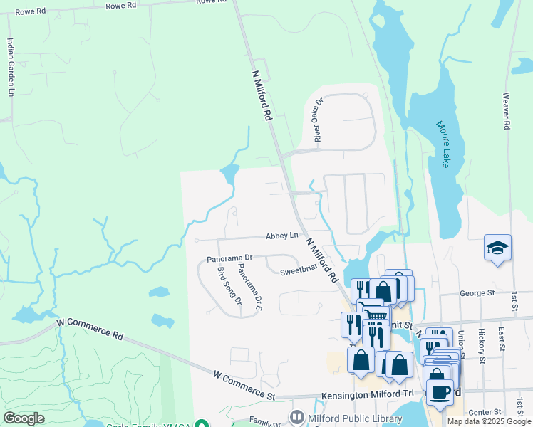 map of restaurants, bars, coffee shops, grocery stores, and more near 1155 North Milford Road in Milford Charter Township