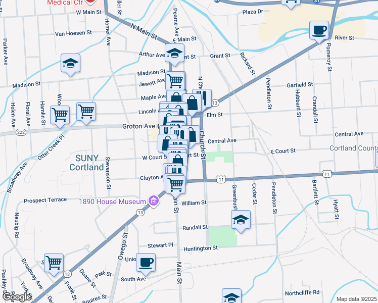 map of restaurants, bars, coffee shops, grocery stores, and more near 31 Central Avenue in Cortland