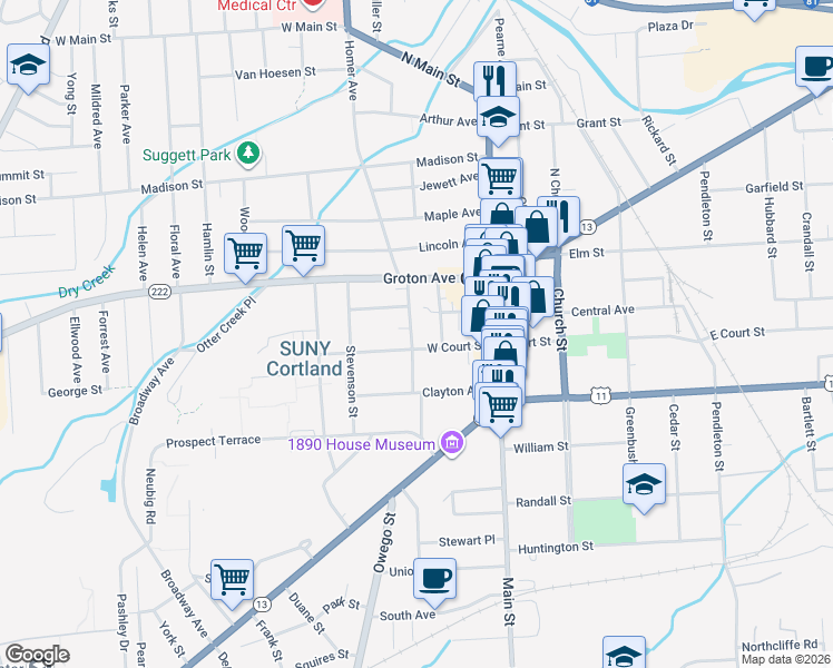 map of restaurants, bars, coffee shops, grocery stores, and more near 15 Pleasant Street in Cortland