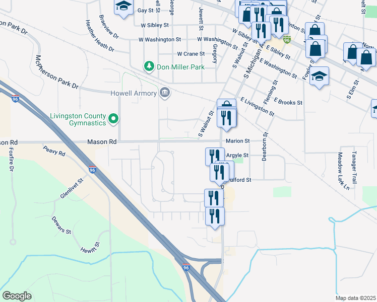 map of restaurants, bars, coffee shops, grocery stores, and more near 253 Mason Road in Howell