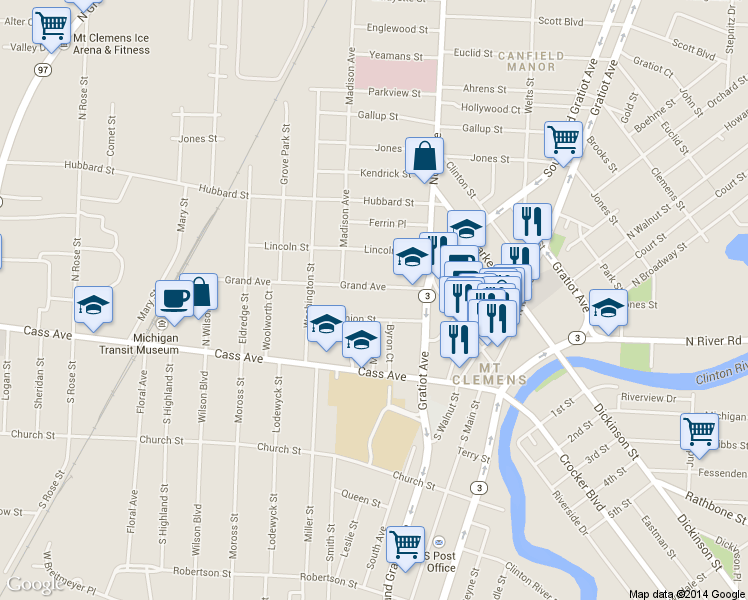map of restaurants, bars, coffee shops, grocery stores, and more near 47 Grand Avenue in Mount Clemens