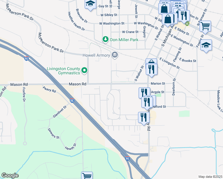 map of restaurants, bars, coffee shops, grocery stores, and more near 137 East Legrand Street in Howell
